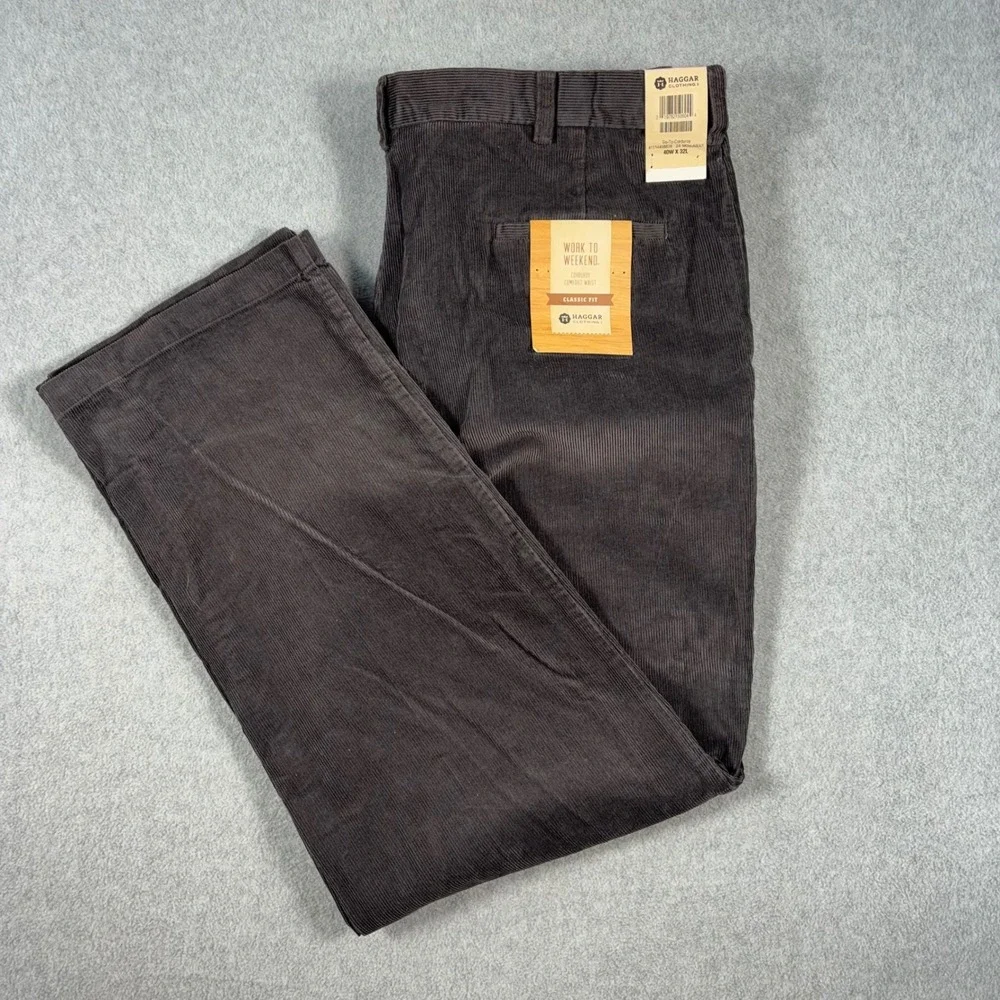 Haggar Corduroy Pants Mens 40x32 Monument Solid NWT Classic Fit Comfort Waist